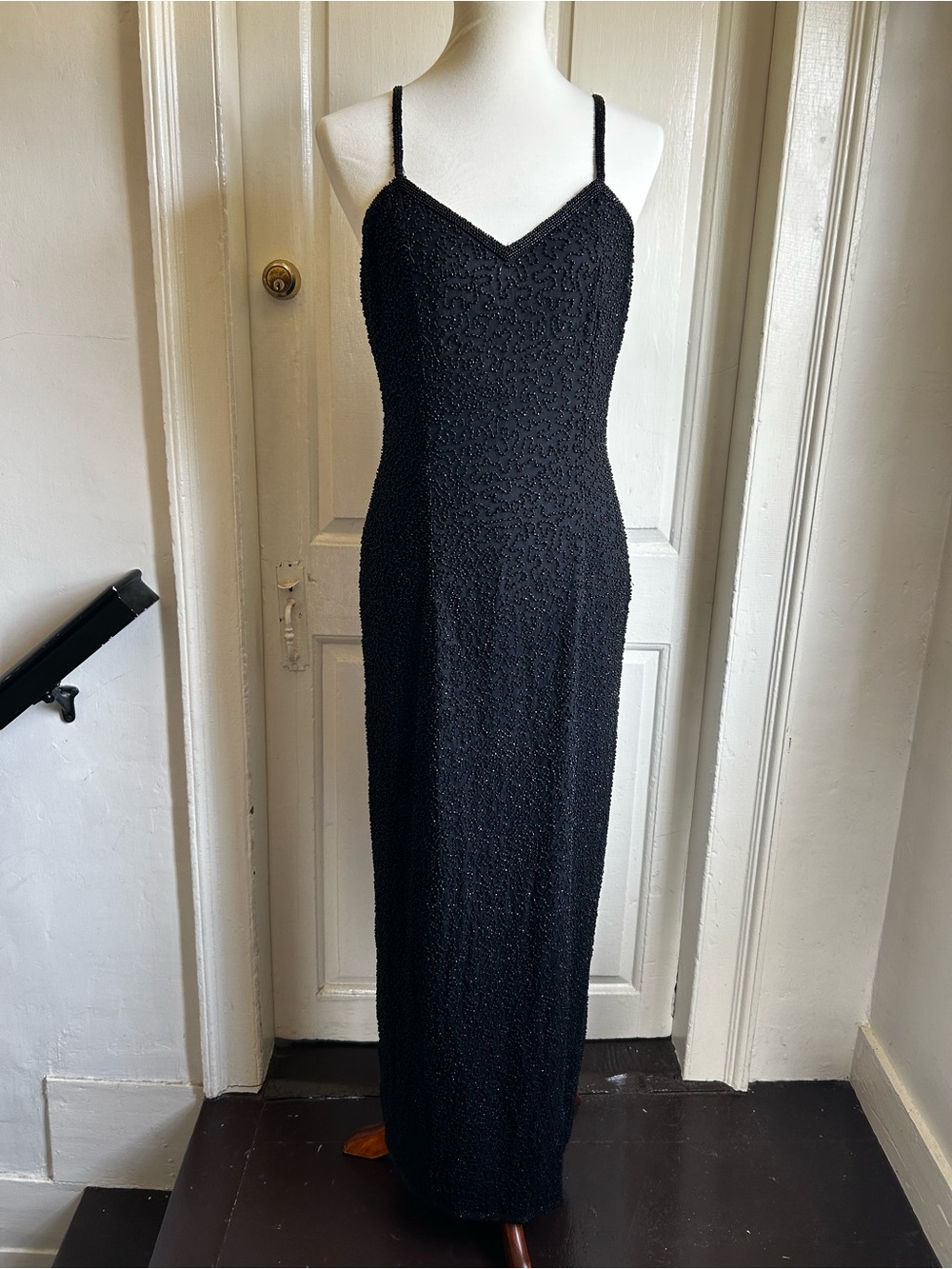 Vintage 1980s Laurence Kazar Black 100% Silk Beaded Maxi Evening Gown Size Large